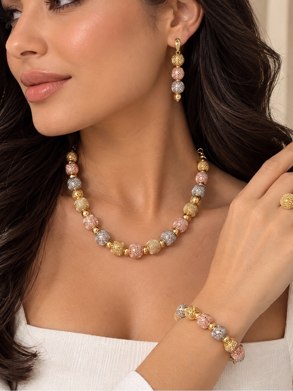 Tri-Tone Textured Bead Necklace Set in Gold, Rose, Silver